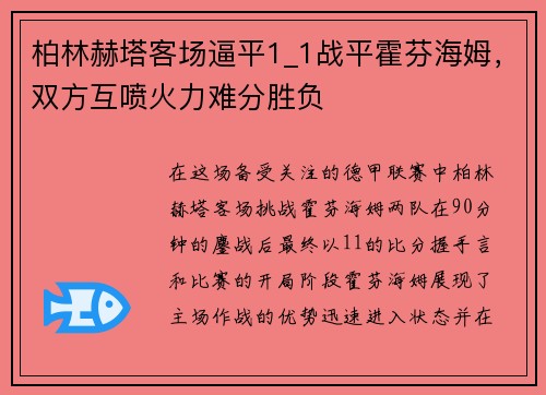 柏林赫塔客场逼平1_1战平霍芬海姆，双方互喷火力难分胜负