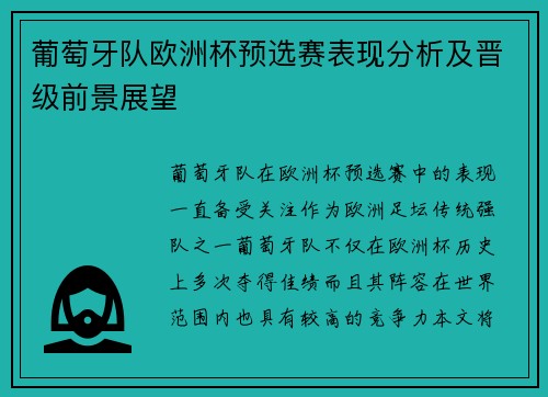 葡萄牙队欧洲杯预选赛表现分析及晋级前景展望