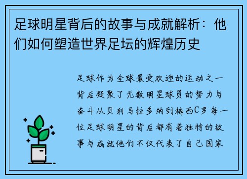 足球明星背后的故事与成就解析：他们如何塑造世界足坛的辉煌历史